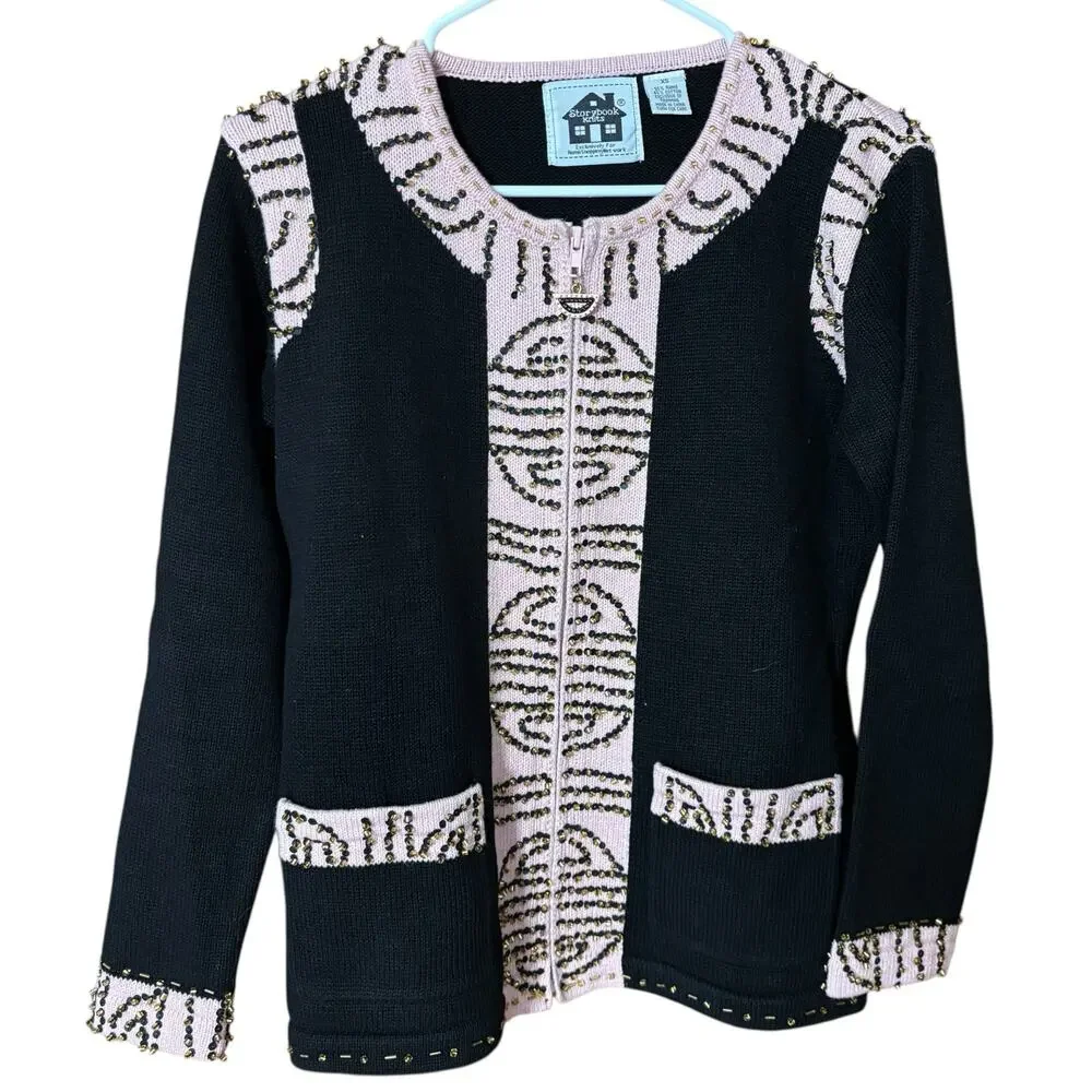 Storybook Knits Vintage Beaded Art Cardigan Jacket XS Cottagecore Boho Artwear - Picture 4 of 15